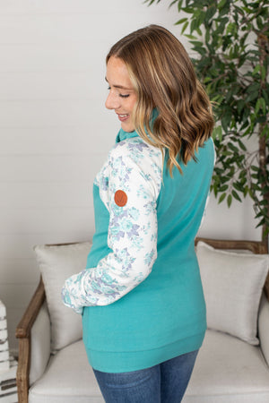 Michelle Mae Classic Zoey ZipCowl Sweatshirt - Aqua Floral
