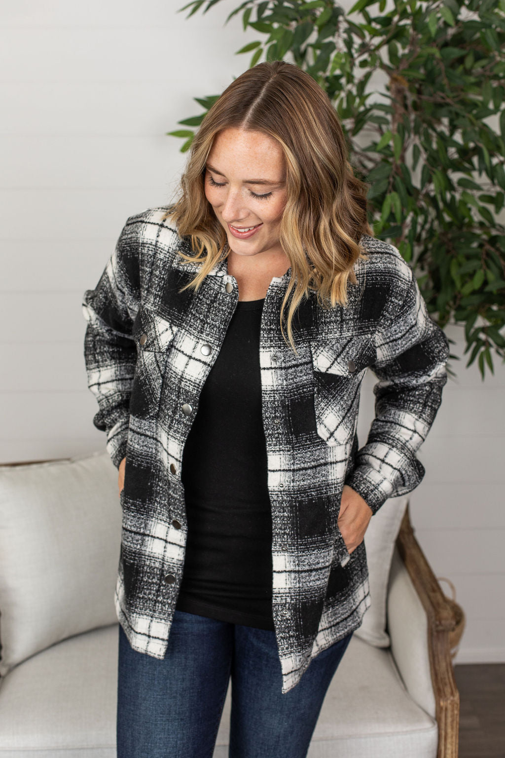Michelle Mae Norah Plaid Shacket - Quilted Black