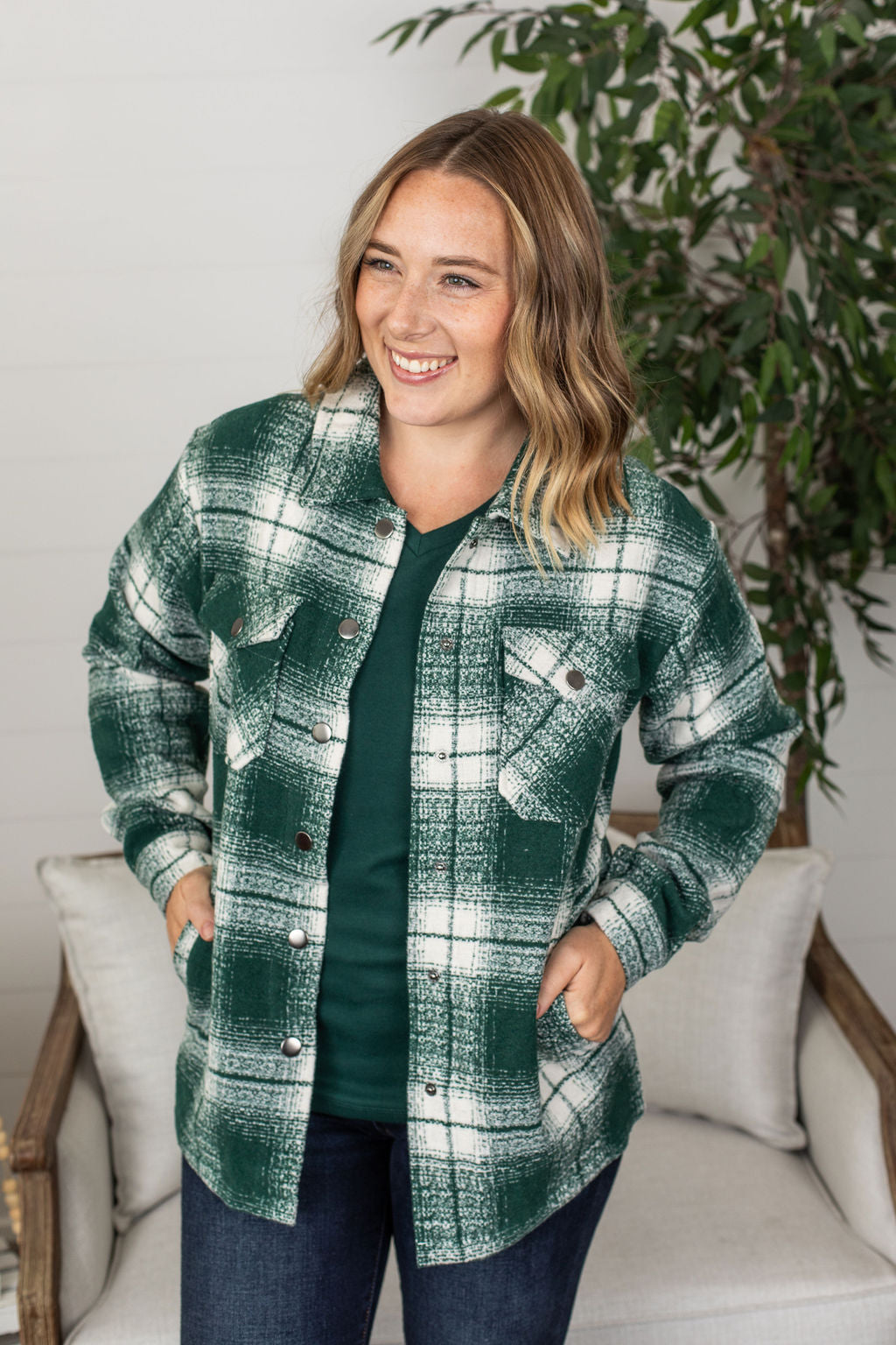 Michelle Mae Norah Plaid Shacket - Quilted Green