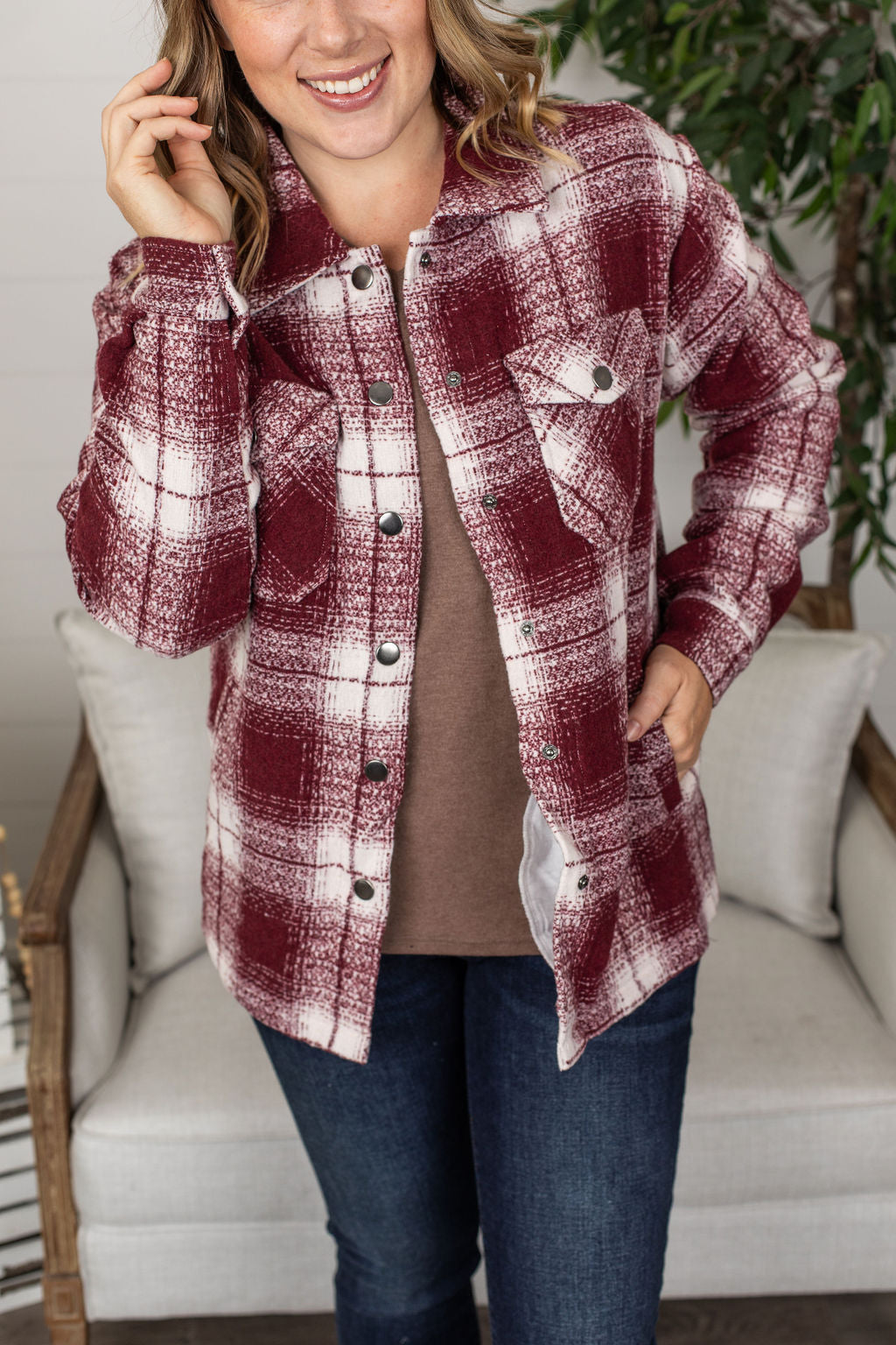Michelle Mae Norah Plaid Shacket - Quilted Burgundy