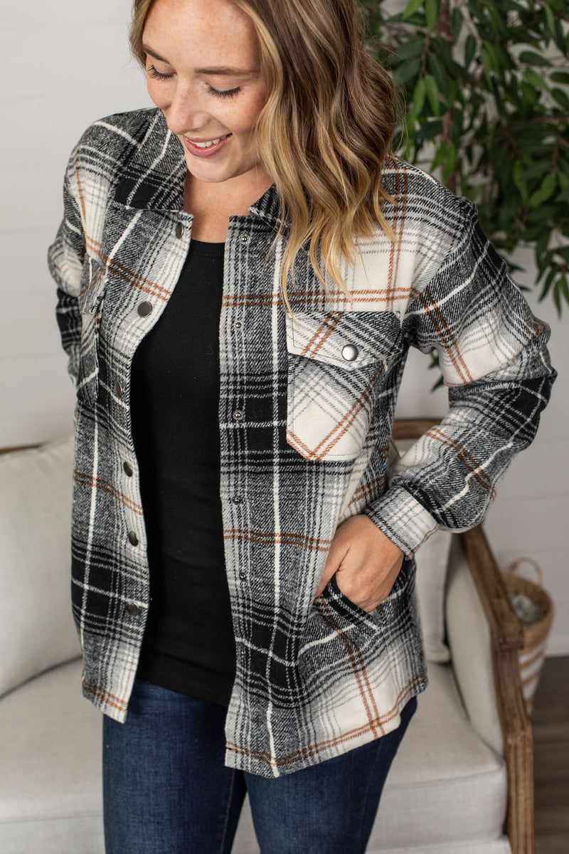 Michelle Mae Norah Plaid Shacket - Black and Gold