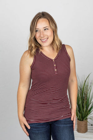 Michelle Mae Addison Henley Tank - Burgundy w/ White Stripes