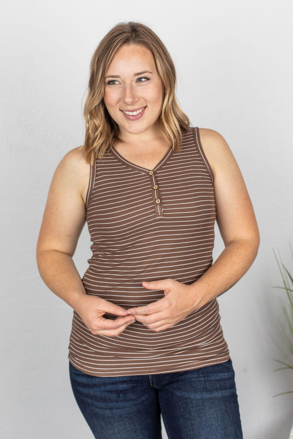Michelle Mae Addison Henley Tank - Brown w/ White Stripes