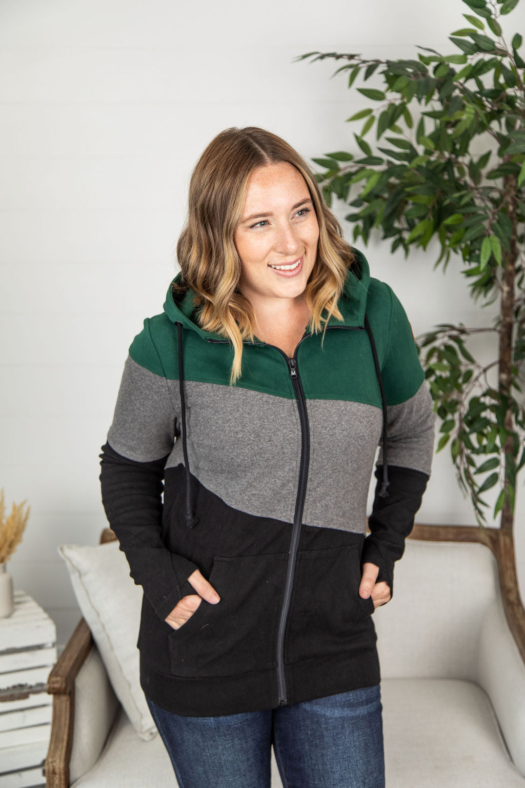 Michelle Mae Classic Colorblock FullZip - Evergreen, Grey, and Black