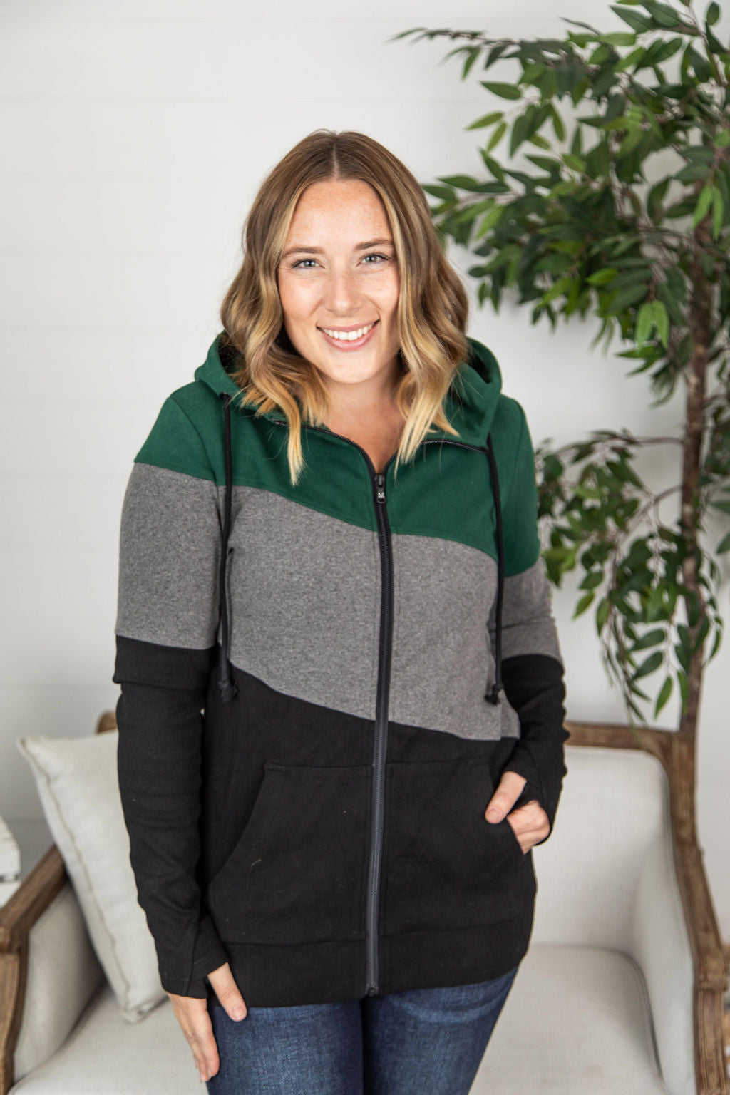 Michelle Mae Classic Colorblock FullZip - Evergreen, Grey, and Black