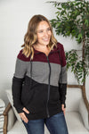 Michelle Mae Classic Colorblock FullZip - Burgundy, Grey, and Black