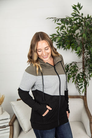 Michelle Mae Classic Colorblock FullZip - Olive, Grey, and Black