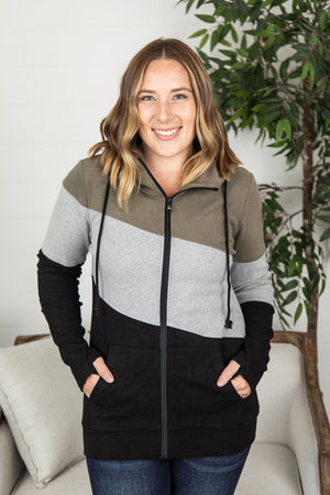 Michelle Mae Classic Colorblock FullZip - Olive, Grey, and Black