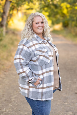 Norah Plaid Shacket - Grey and Tan