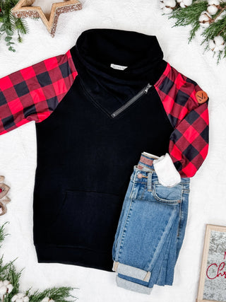 Zoey ZipCowl - Black and Buffalo Plaid