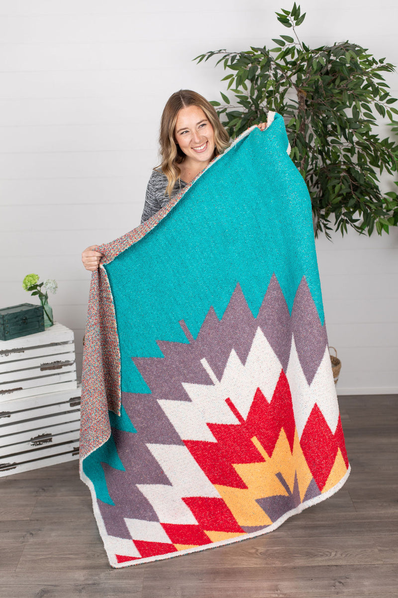 Michelle Mae Plush and Fuzzy Blanket - Large Teal Aztec