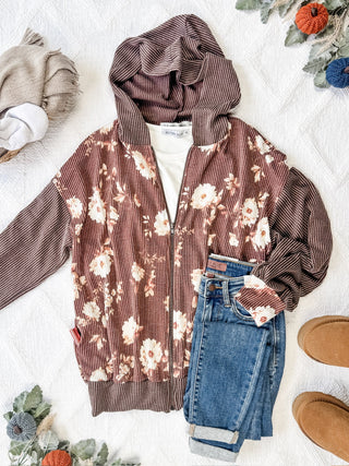 Ramona Ribbed Floral Zip Up - Brown FINAL SALE