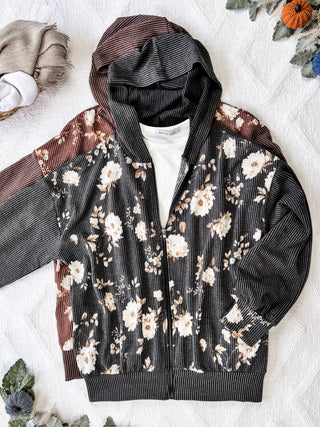 Ramona Ribbed Floral Zip Up - Brown FINAL SALE