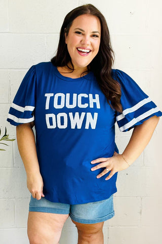 Stand Out Blue "TOUCHDOWN" Sequin Bubble Sleeve Game Day Top