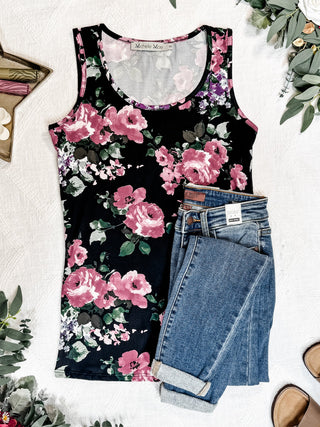 Luxe Crew Tank - Black and Mauve Floral