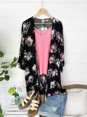 Michelle Mae Black and Pink Floral Kimono