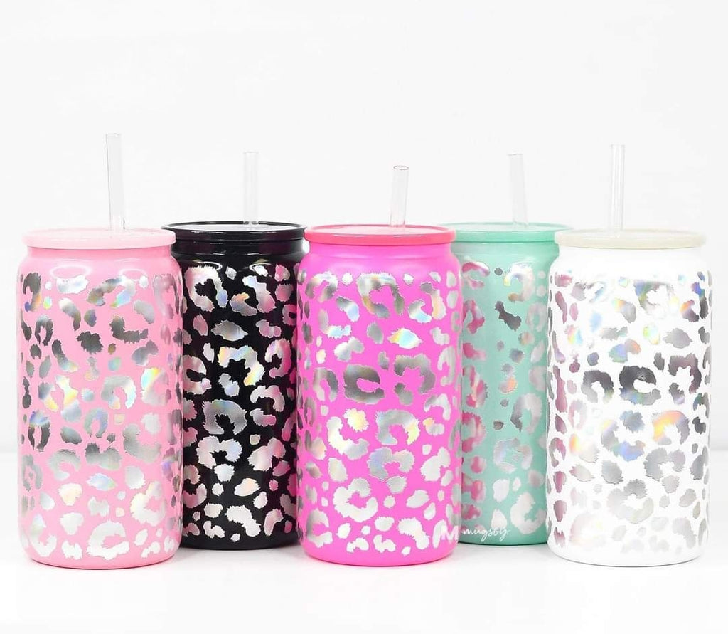 Glass Glitter Cup - Glitter Leopard (Multiple Colors)