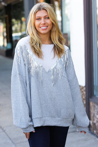 White/Grey Cable Knit Sequin Tassel Hacci Sweater