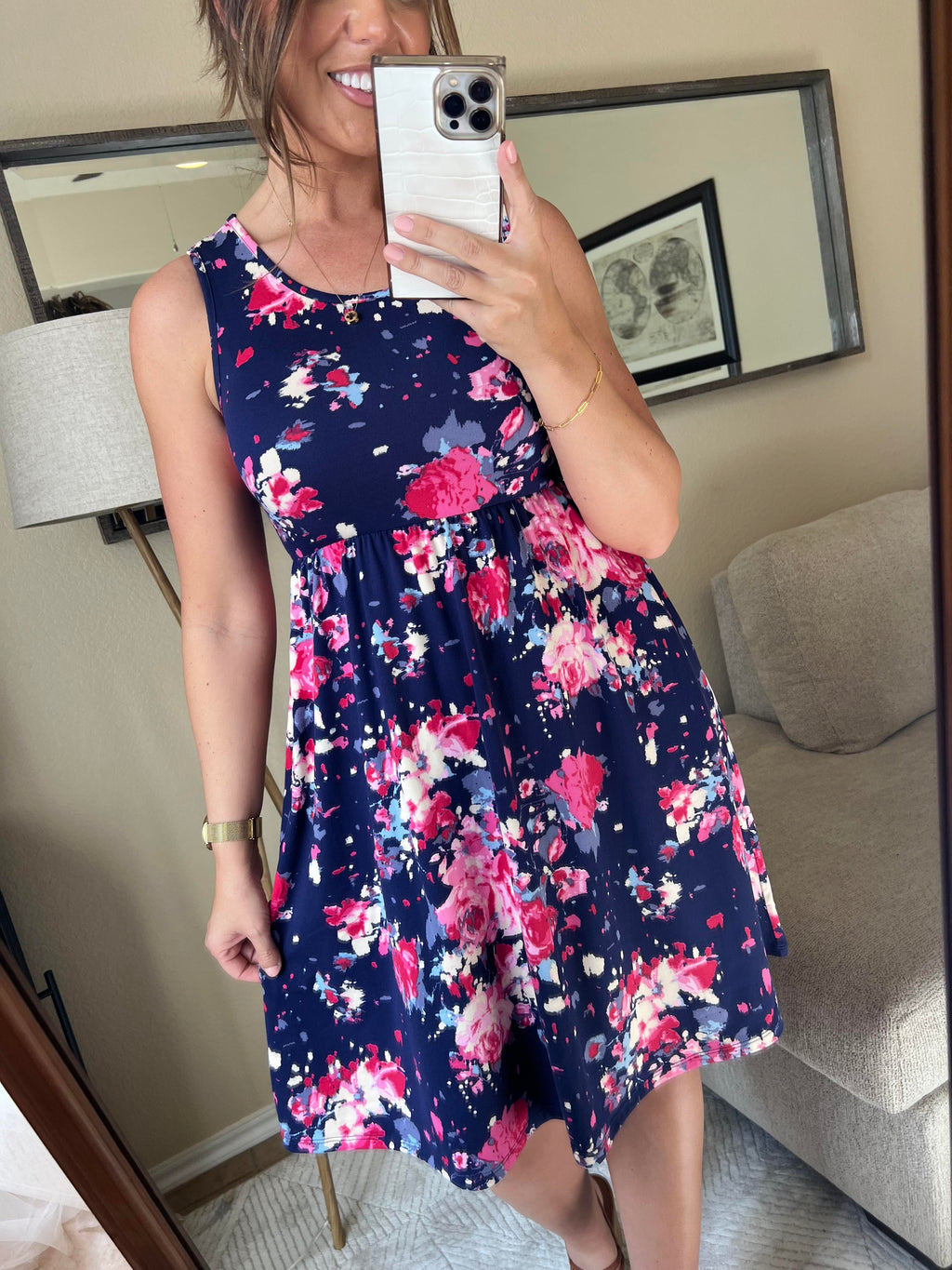 Michelle Mae Kelsey Tank Dress - Galaxy Blue and Magenta Floral