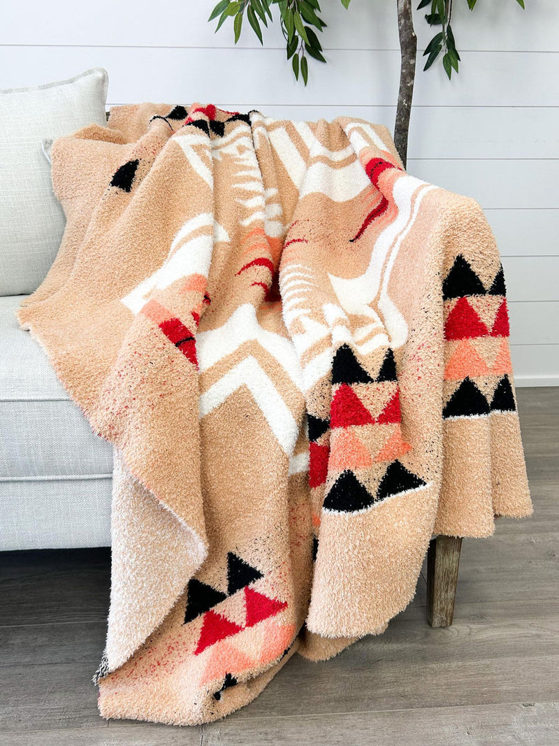 Michelle Mae Plush and Fuzzy Blanket - Tan, Black, and Red Aztec