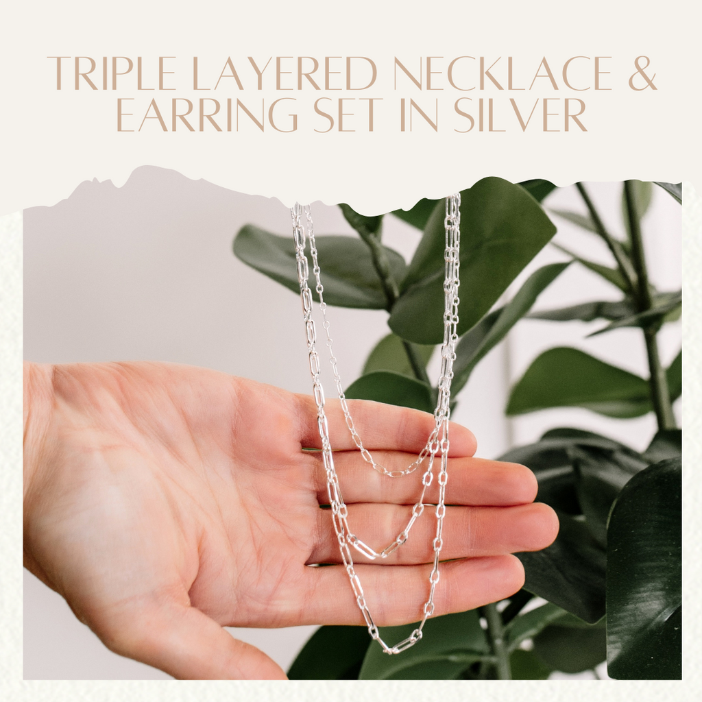 Triple Layered Necklace & Earring Set In Silver
