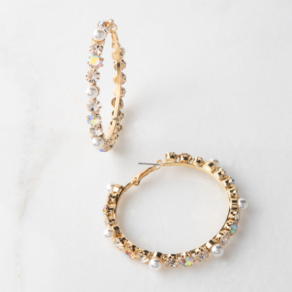 Kirby Earrings - Ella Lane Pearl & crystal hoops set in gold. 2.5.