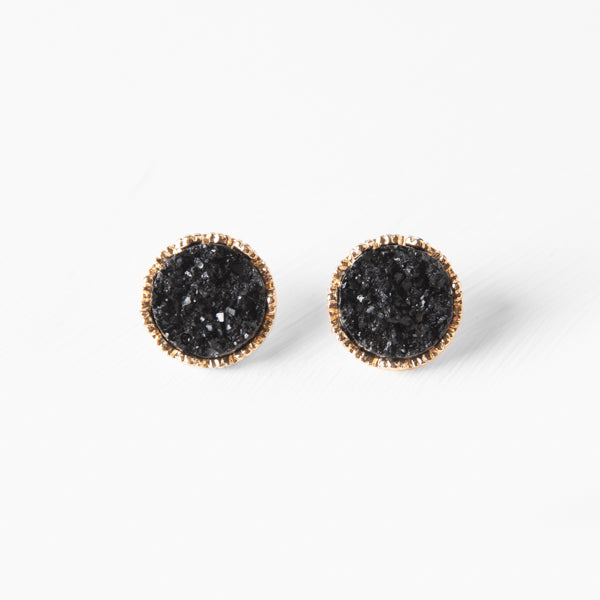 Kamas Earrings - Ella Lane Black druzy circles set in gold..75” 0.3 oz.