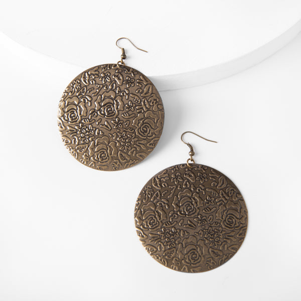 Mandy Earrings - Ella Lane Antique bronze filigree with floral design. 3 0.5 oz.