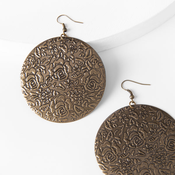 Mandy Earrings - Ella Lane Antique bronze filigree with floral design. 3 0.5 oz.