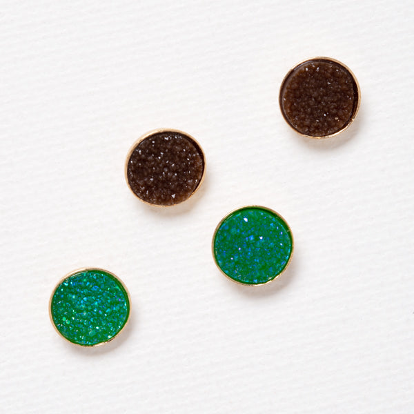 Beau Earring Set - Ella Lane Mini teal and brown druzy circles set in gold. 0.25 0.021 oz.