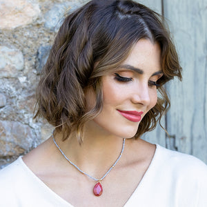 Estelle Necklace - Ella Lane Light gray seed bead necklace with red teardrop pendant and gold accents. Natural stone –