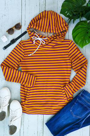 Michelle Mae Ashley Hoodie - Purple and Gold Stripes - Ella Lane Say hello to your new favorite hoodie! The features