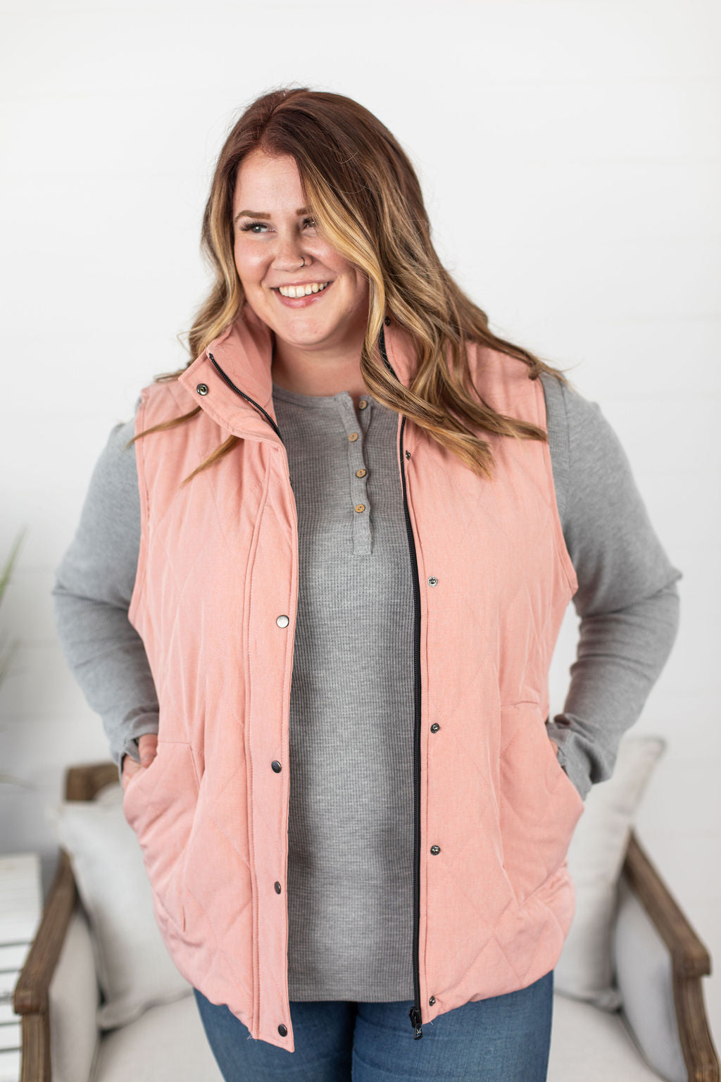 Michelle Mae Remy Zip Up Vest - Heathered Pink - Ella Lane We are excited to announce our new vest style, the Remy!