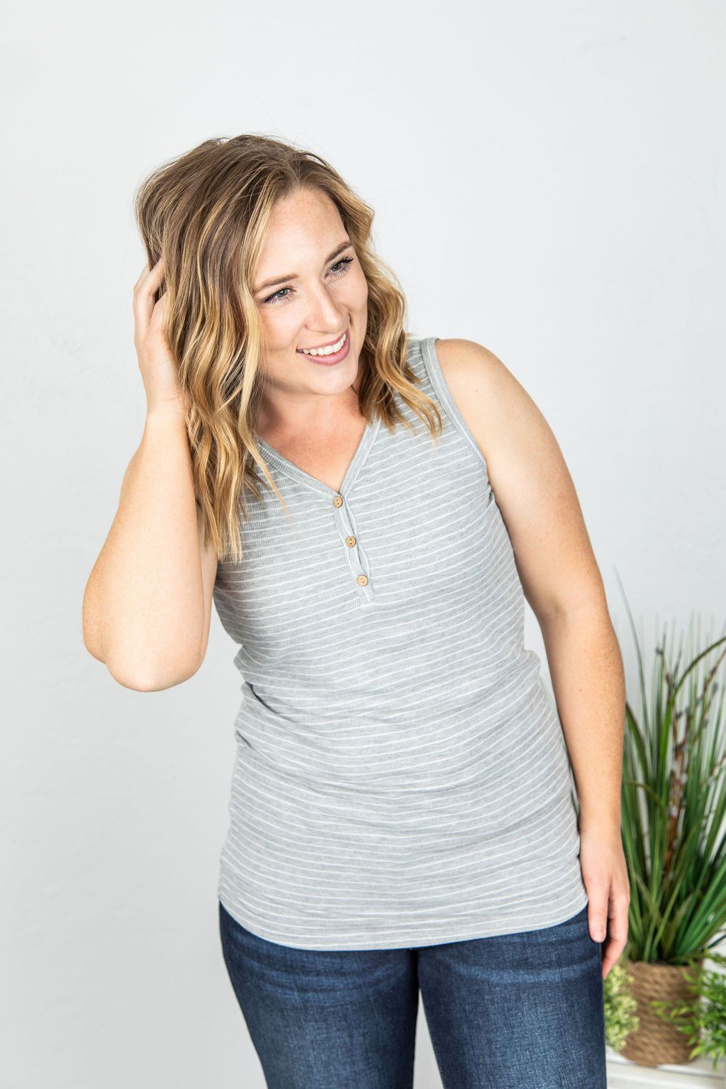 Michelle Mae Addison Henley Tank - Grey and White Stripes - Ella Lane Our is the softest base layering piece you’ll ever