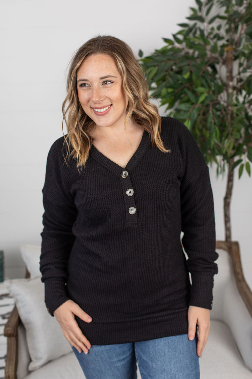 Michelle Mae Brittney Button Sweater - Black - Ella Lane is your new bestie! These sweaters are soft as a cloud, have