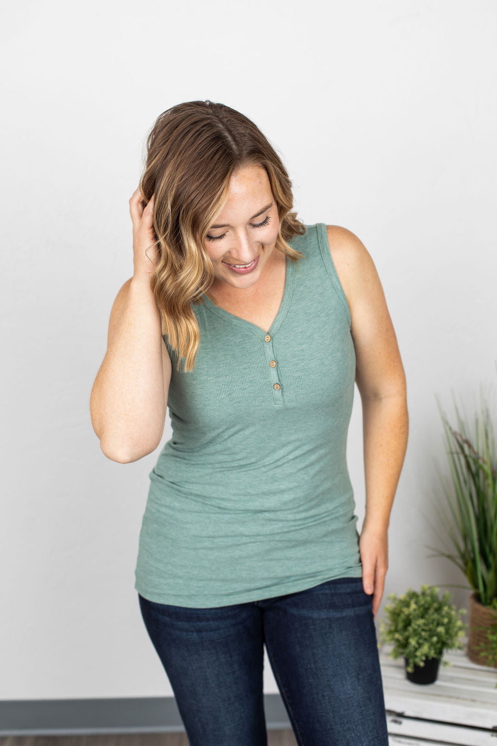 Michelle Mae Addison Henley Tank - Heathered Sage - Ella Lane Our is the softest base layering piece you’ll ever feel!