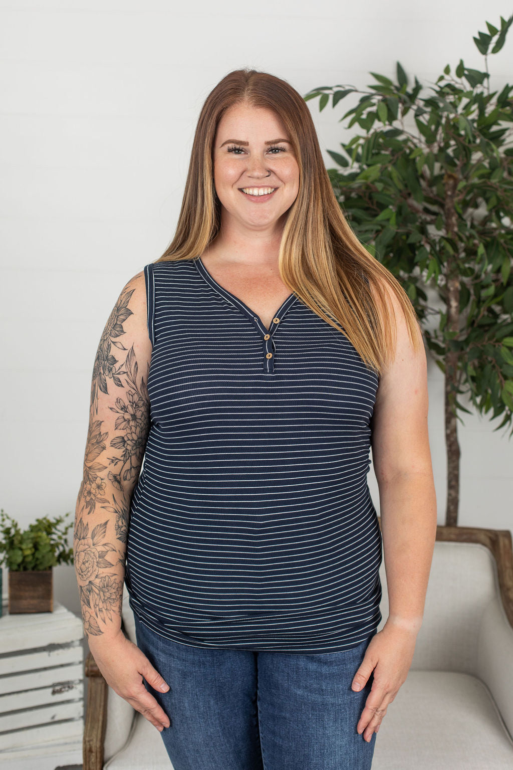 Michelle Mae Addison Henley Tank - Navy w/ White Stripe - Ella Lane Our is the softest base layering piece you’ll ever