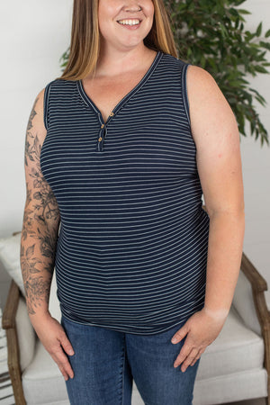 Michelle Mae Addison Henley Tank - Navy w/ White Stripe - Ella Lane Our is the softest base layering piece you’ll ever