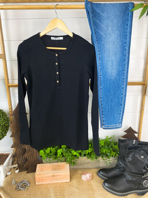 Michelle Mae Harper Long Sleeve Henley - Black - Ella Lane The perfect long sleeve top! Amazing fabric that is warm