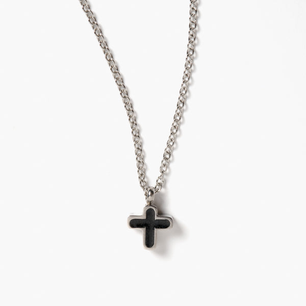 Mellie Necklace - Ella Lane Delicate black cross set in silver, comes on a custom card. Stainless Steel. 17.5 - 20.5