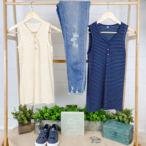 Michelle Mae Addison Henley Tank - Navy w/ White Stripe - Ella Lane Our is the softest base layering piece you’ll ever