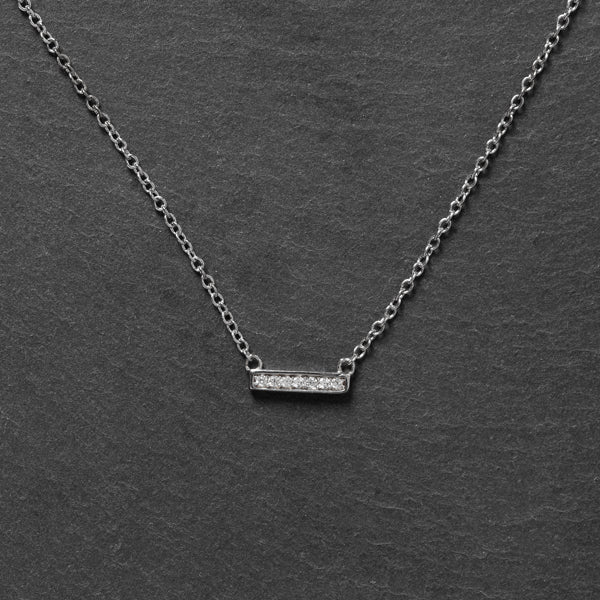 Hillary Necklace - Ella Lane Gorgeous little silver bar encrusted with tiny crystals on chain. Stainless Steel. 17 - 19