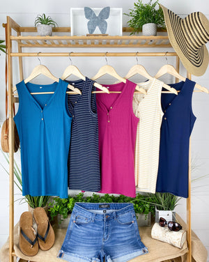 Michelle Mae Addison Henley Tank - Navy w/ White Stripe - Ella Lane Our is the softest base layering piece you’ll ever