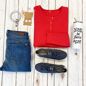 Michelle Mae Harper Long Sleeve Henley - Red - Ella Lane The perfect long sleeve top! Amazing fabric that is warm